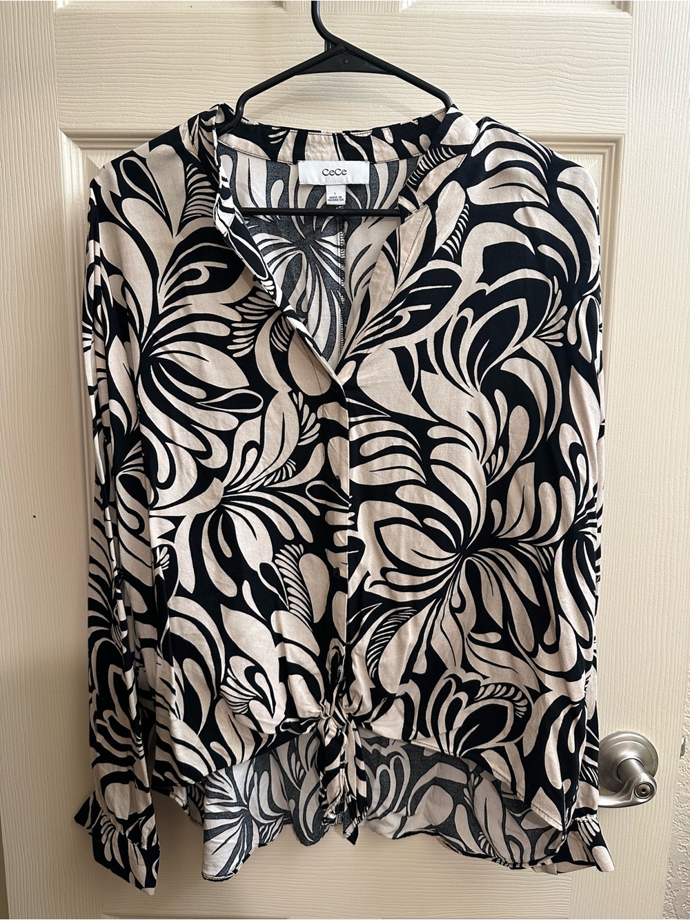 CeCe Black and Cream Tie-Front Floral Swirl Blouse